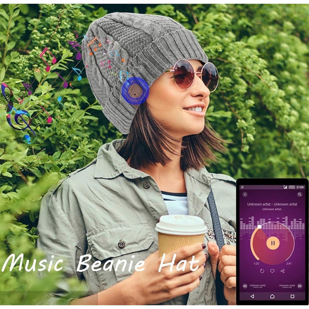 Pococina Bluetooth Wireless Music Beanie Grey Cable Knit‎ Tech Headwear Untested